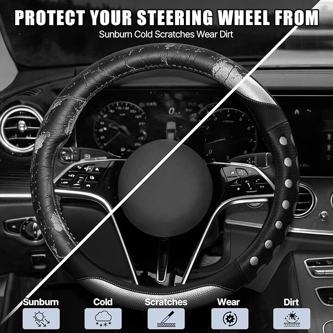 Hiseanllo Car Steering Wheel Cover, 14.5-15 Inch Universal Fit, Sporty Anti-Slip Leather Steering Wheel Protector with Glossy Color Accent, Comfortable Grip for Cars, SUVs, Trucks(Silver)