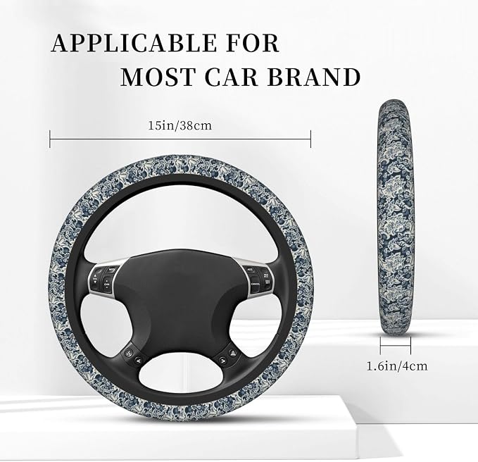 Flowers Steering Wheel Cover Car Elastic Steering Wheel Protector | Asian Ethnic Anti-Slip Breathable Car Accessories Interior for Women Men Universal 15 Inch Fit Auto SUVs Vans Truck
