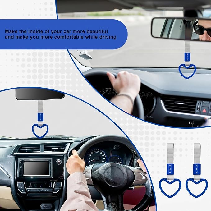 2PCS Heart Shaped Car Handle Straps, Rear Bumper Warning Keychain Ring for Car Exterior Accessories (Blue-Silver)
