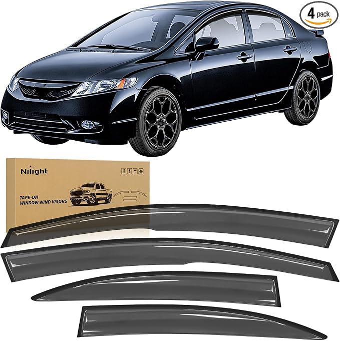 Window Visors for Honda Civic Sedan 2006 2007 2008 2009 2010 2011, Tape-On Rain Guards Outside Mount Vent Visors Window Deflectors Smoke Tint, 4PCS