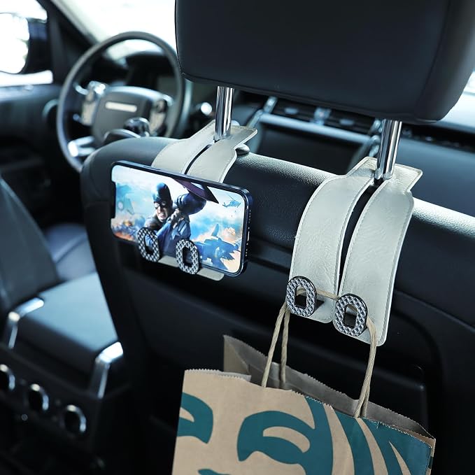 Car Headrest Hooks Universal Car Purse Hook Premium Leather and Alloy Twin Hook Car Seat Back Storage Hanger Hook for Purse Bags Cloth Drink Durable Holder Car Accessories (BH09-White-Black-4 Pcs)