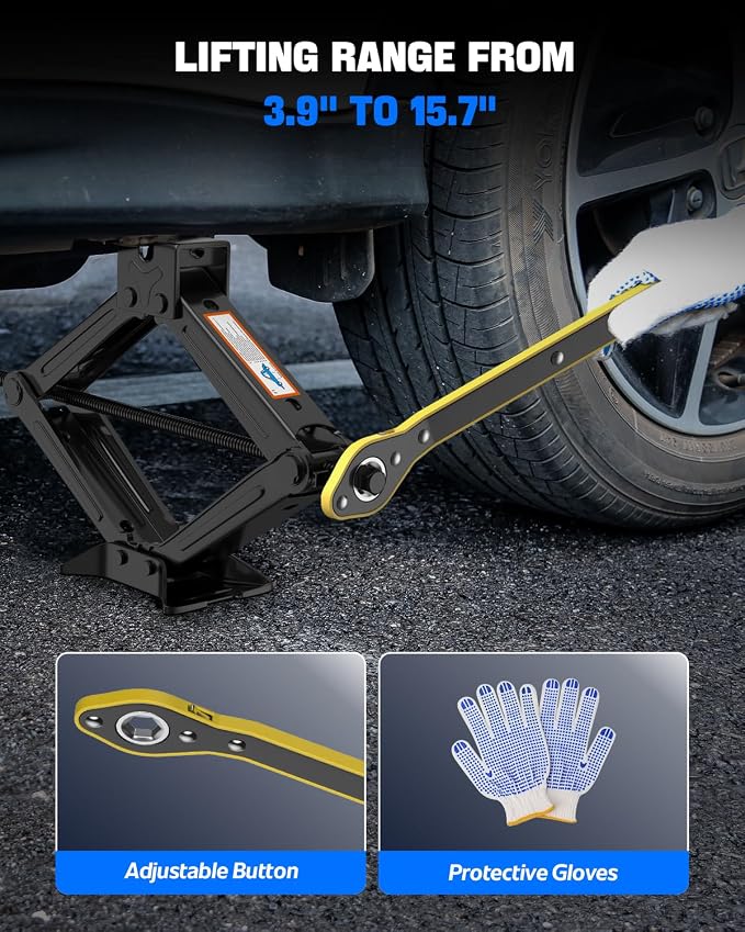 Car Jack Kit, 2 Ton (4409 lbs) Scissor Jack for Car, SUV, MPV | Alloy Steel Heavy Duty Scissor Car Jack, Portable Garage Tire Change Repair Tool, Outdoor Car Emergency Kit