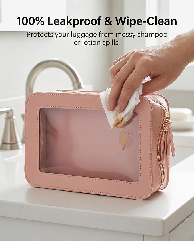 Clear Makeup Bags, TSA Approved Toiletry Bag with Zipper, Clear Makeup Organizer Fit Carry-on Travel Essentials,Clear Cosmetic Bags for Women Men (C-Pink)