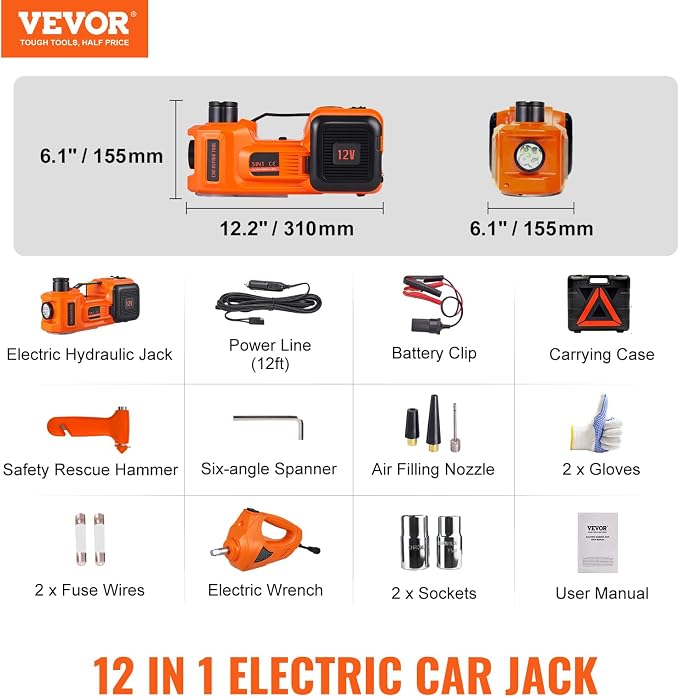 Electric Car Jack 5 Ton with Electric Impact Wrench & Inflator Pump | 12V 11023 lbs Hydraulic Floor Jack, Portable Tire Changing Kit, with LED Light, for SUV Sedan Truck, Garage Repair Tool