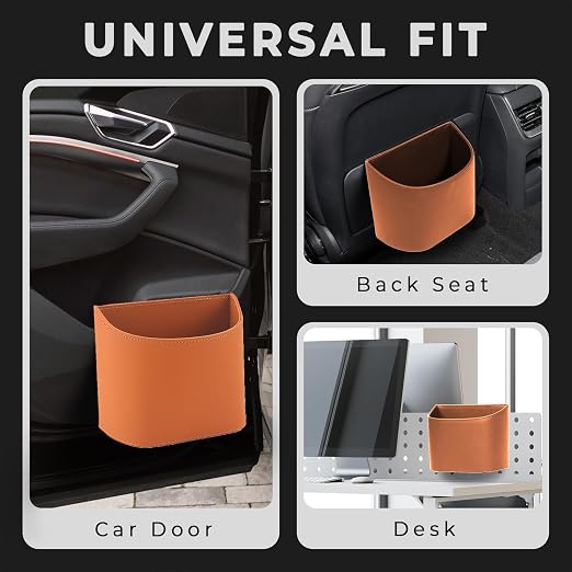 Leather Car Trash Can – Leakproof & Easy-to-Clean Car Trash Bin for Luxury Cars, SUVs & Trucks | Includes 60 Custom Liners, Secure Hook, Easy Install, Brown