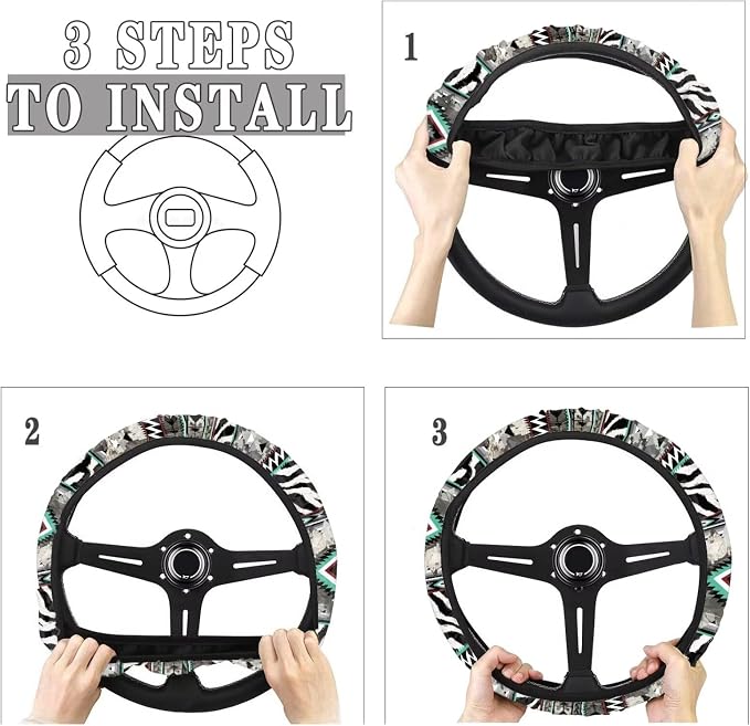 Auto Steering Wheel Cover for Women Men, Universal 15 Inch Soft Elastic Steering Wheel Wrap Anti-Slip Easy to Install Car Accessories, Aztec Camo Zebra Print
