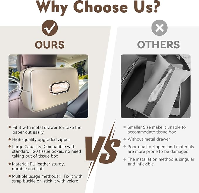 Upgraded Large Car Tissue Holder Premium PU Leather Tissues Box Cover Backseat Rectangular Napkin Holder for Car Fits for 120 Standard Kleenex Tissues Box for Car Organization Accessories Beige