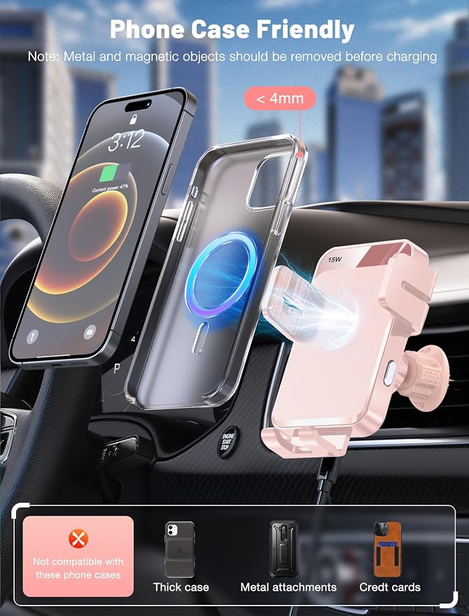 Wireless Car Charger, Auto-Clamping Car Mount 15W/10W/7.5W Fast Charging Air Vent Car Phone Mount Compatible with iPhone 15/14/13/13 Pro/12 Pro Max/12 pro/12/11/10 Series, Samsung Galaxy Pink