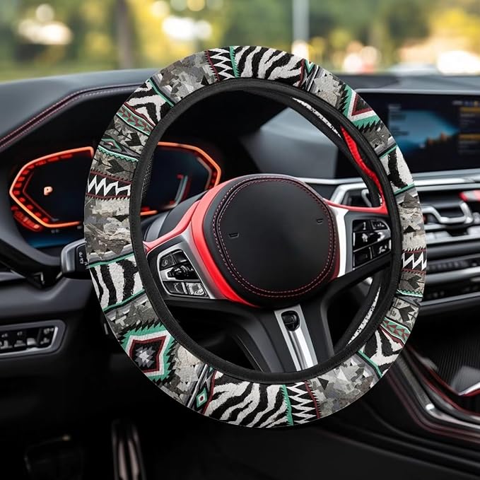 Auto Steering Wheel Cover for Women Men, Universal 15 Inch Soft Elastic Steering Wheel Wrap Anti-Slip Easy to Install Car Accessories, Aztec Camo Zebra Print