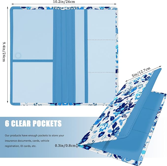 Car Registration and Insurance Holder, with Magnetic Closure for License, Cards and Documents, All Vehicle Needs and Car Accessories (Flower-Blue)