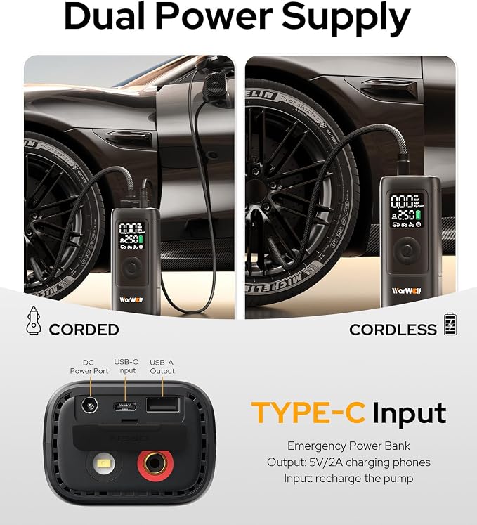 WARWOLF 160PSI Portable Air Compressor, Air Pump for Car Tires with Pressure Gauge, Dual Power 12V DC, Auto Shut-Off, Rechargeable Tire Pump for SUV Truck Motorcycle Bicycle Balls