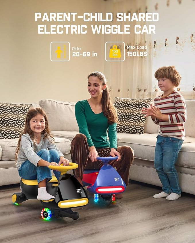 N7 Pro Electric Wiggle Car with Pedal, Rechargeable Battery, CyberWiggle, 2 in 1 Swing Car, 2 Speeds Max 4 Mph, Anti-Rollover, Flashing Wheels, Bluetooth, Ages 3+, 150 Lbs,Yellow