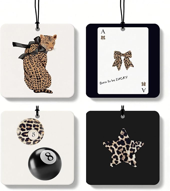 Coquette Leopard Orange Car Air Freshener 4 Pcs, Preppy Cheetah Print Star Lucky 8 Ball Square Hanging Air Freshener for Closet Drawer Books, Girly Y2k Car Accessories Mirror Decor for Women