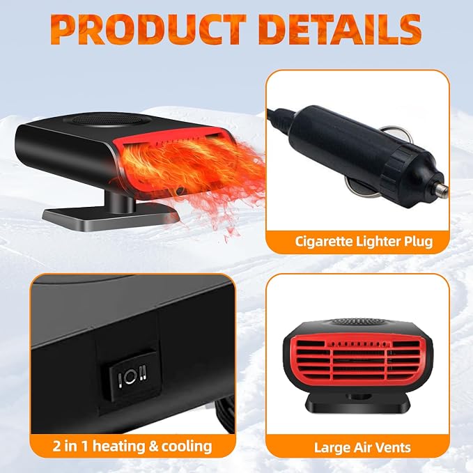Car Heater 12V 150W, Portable 2-in-1 Defroster and Defogger, Fast Heating Car Fan for Windshield, Plug into Cigarette Lighter for Vehicle, Travel, Daily Use