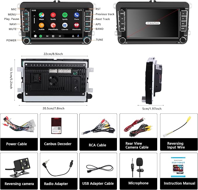 Car Stereo for VW Volkswagen Jetta Golf Passat Beetle Tiguan Polo EOS, 7" Touchscreen Car Radio with Wireless Apple CarPlay & Android Auto,YouTube,GPS, WiFi, Bluetooth, FM,SWC, DSP（with Accessories）