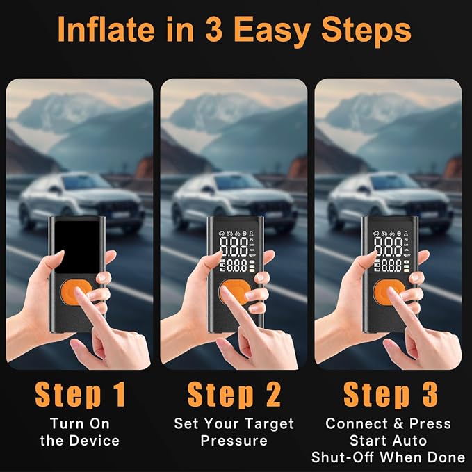 Tire Inflator Portable Air Compressor for Car Tires, 150 PSI Cordless Portable Air Compressor with Digital Pressure Gauge, Auto Shut-Off, LED Emergency Light for Roadside Emergencies