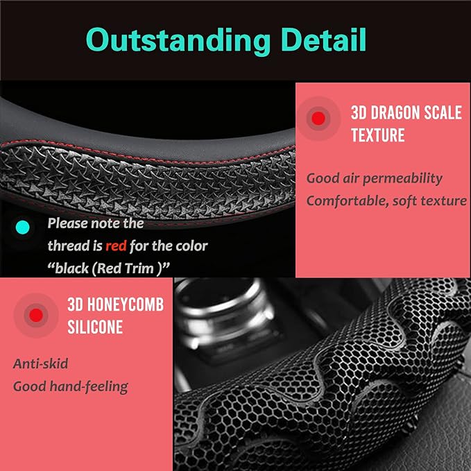 Steering Wheel Cover Great Grip with 3D Honeycomb Anti-Slip Design, Universal 14.5-15 Inch (Black/Red Stitch)