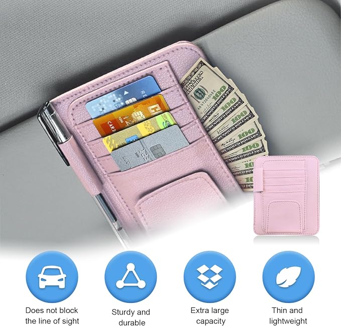Car Sun Visor Organizer, Small Auto Visor Organizer and Storage, Registration and Document Holder, Vehicle Accessories for Sunglasses, Document, Card, Pen, Driver License (Pink)