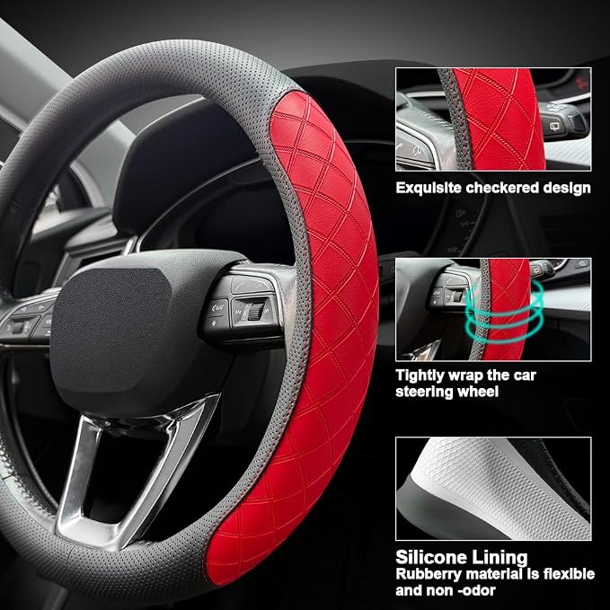 Nappa Leather Steering Wheel Cover, Elegant Diamond Checkered Design, Non-Slip wear-Resistant, Enhance Driving Comfort, Suitable for Steering Wheel Diameter 14 1/2‘-15’ Models.Black Red