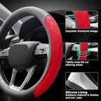 Nappa Leather Steering Wheel Cover, Elegant Diamond Checkered Design, Non-Slip wear-Resistant, Enhance Driving Comfort, Suitable for Steering Wheel Diameter 14 1/2‘-15’ Models.Black Red