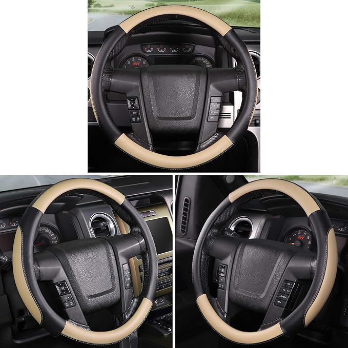 Car Steering Wheel Cover Large-Size for F150 F250 F350 Ram 4Runner Tacoma Tundra Range Rover with 15 1/2 inches-16 inches Outer Diameter, Black and Beige Microfiber Leather