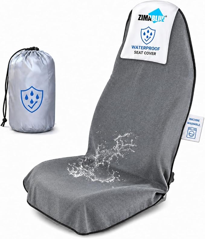 1PC Waterproof Towel Car Seat Cover - 525g Heavy Duty 3-Layer Microfiber Sweat Protector for Bucket Seats - Non-Slip Machine Washable Universal Fit for Gym, Yoga, Beach, Pets & Outdoors-Gray