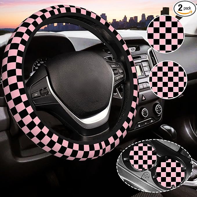 Pink and Black Checkered Steering Wheel Cover for Women, Universal Auto Steering Wheel 14-15 Inch Car Interior Accessories with 2PCS Car Coasters, Suitable for Men and Women