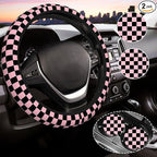 Pink and Black Checkered Steering Wheel Cover for Women, Universal Auto Steering Wheel 14-15 Inch Car Interior Accessories with 2PCS Car Coasters, Suitable for Men and Women