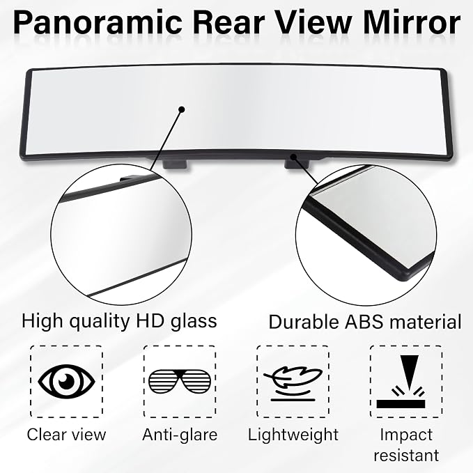 Rear View Mirror, Universal 11.4 Inch Interior Clip On Panoramic Convex Mirrors for Car Accessories, HD Anti Glare Wide Angle and Reduce Blind Spot, Extended Rear View Mirror for Cars, SUVs, Trucks