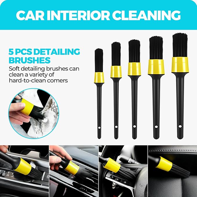 30Pcs Car Detailing Kit for Interior, Exterior and Wheel Cleaning | Brushes, towels, wash mitt, cleaning gel, detail brushes and extendable-handle duster for vehicle, home and office care tasks