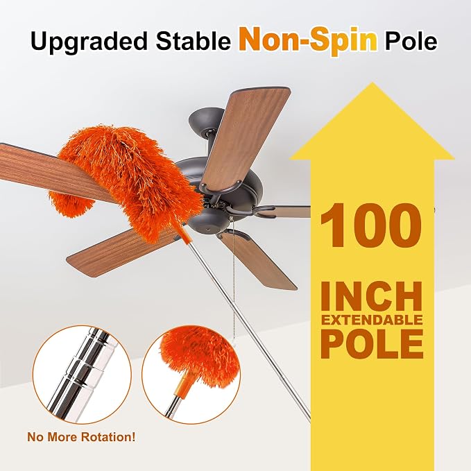 5-in-1 Duster with Extension Pole 100” Extendable Dusters for Cleaning Reusable Anti-Spin Dusting Kits for High Ceiling Fans, Cobwebs & Vents, Reinforced Stainless Steel Telescopic Handle