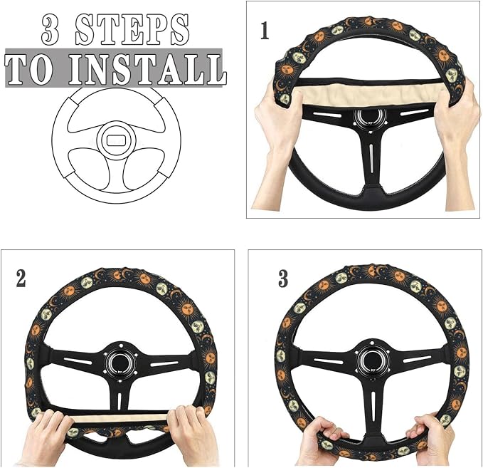 Sun and Moon Steering Wheel Covers Anti-Slip Elasticity Car Accessories Steering Wheel Protector Universal 15 Inch for Cars SUV Vehicle Truck