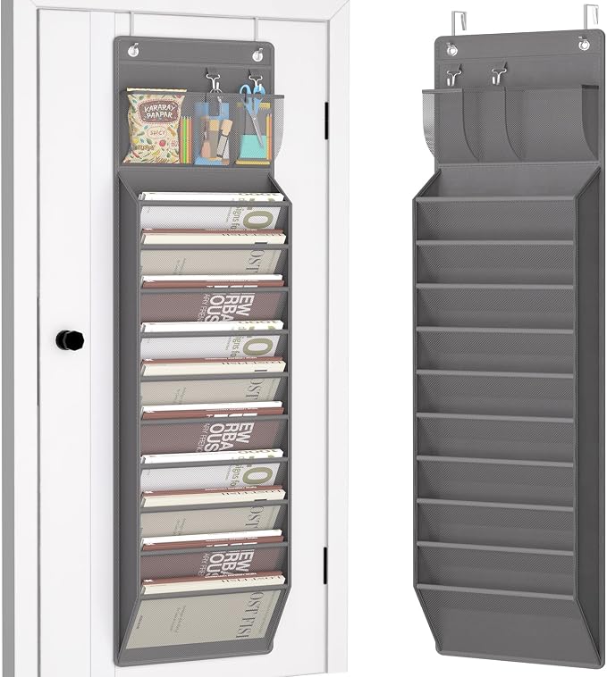 Over the Door File Organizer, Wall Hanging File Folders with 10 Large Pockets for Mails, Magazines, Back to School Supplies, Office Pocket Chart, Paper Organization (Gray)