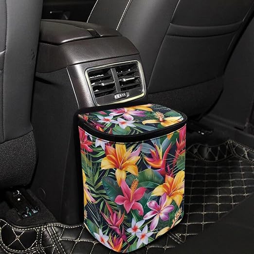 Tropical Hiiscus Plumeria Print Car Trash Can with Lid, Leak Proof Auto Trash Bag Hanging Vehicle Garbage Can Multipurpose Storage Container for Back Seat Road Trip