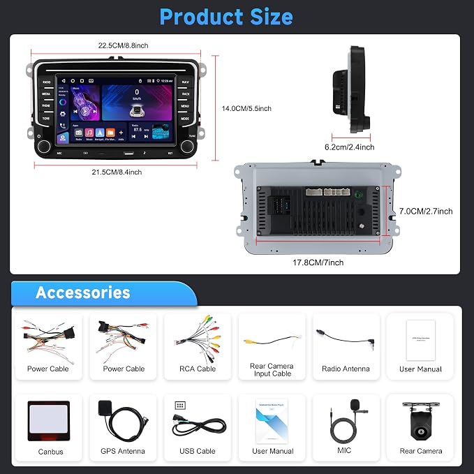4G 64G Android Car Stereo for VW Passat Golf MK5 MK6 Jetta T5 EOS Polo Touran Seat Sharan Wireless Carplay Android Auto, 7'' Touchscreen Car Radio with GPS/BT 5.0/5G-WIFI/32EQ FM Backup Camera SWC