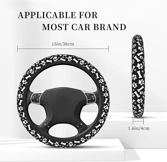 Paw Bones Steering Wheel Cover Car Elastic Steering Wheel Protector | Black White Dog Anti-Slip Breathable Car Accessories Interior for Women Men Universal 15 Inch Fit Auto SUVs Truck