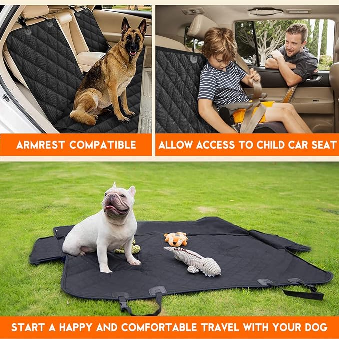 Dog Car Seat Cover, Back Seat Cover for Dogs Pet Car Seat Protector Waterproof Rear Seat Cover Durable Car Seat Cover, fits Middle Armrest for Most Cars SUVs Trucks (53” Width)- Black