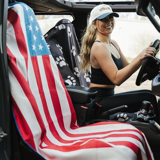 Athletic Running Towel, Full-Sized, Car Seat Cover - Performance Microfiber (American Flag w/Snaps)