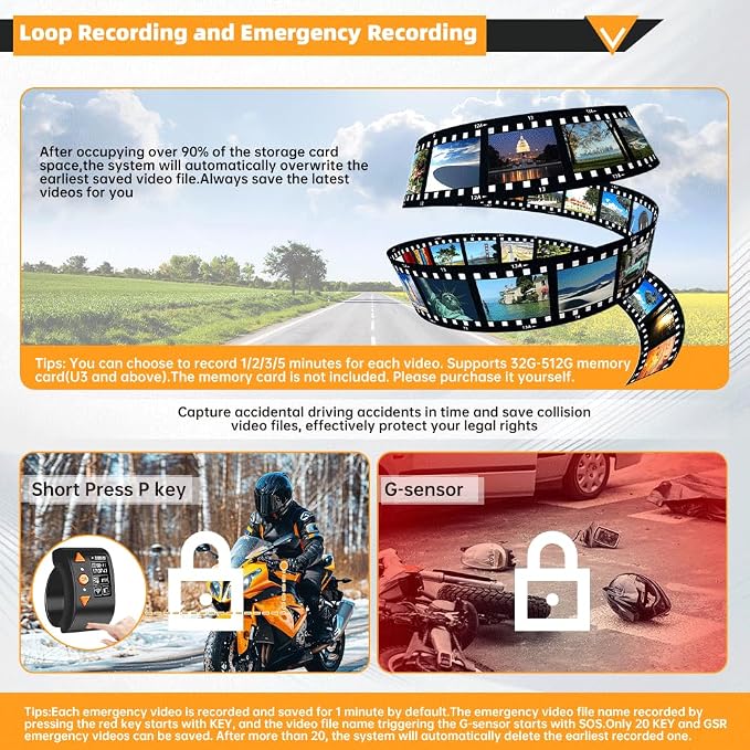 VSYSTO Motorcycle Dash Camera, Dual 2K Starlight Night Vision Cameras with 5G WiFi, Parking Monitoring, GPS, TPMS, Waterproof, Temperature Display, Low Voltage Protection (Q3PRO)