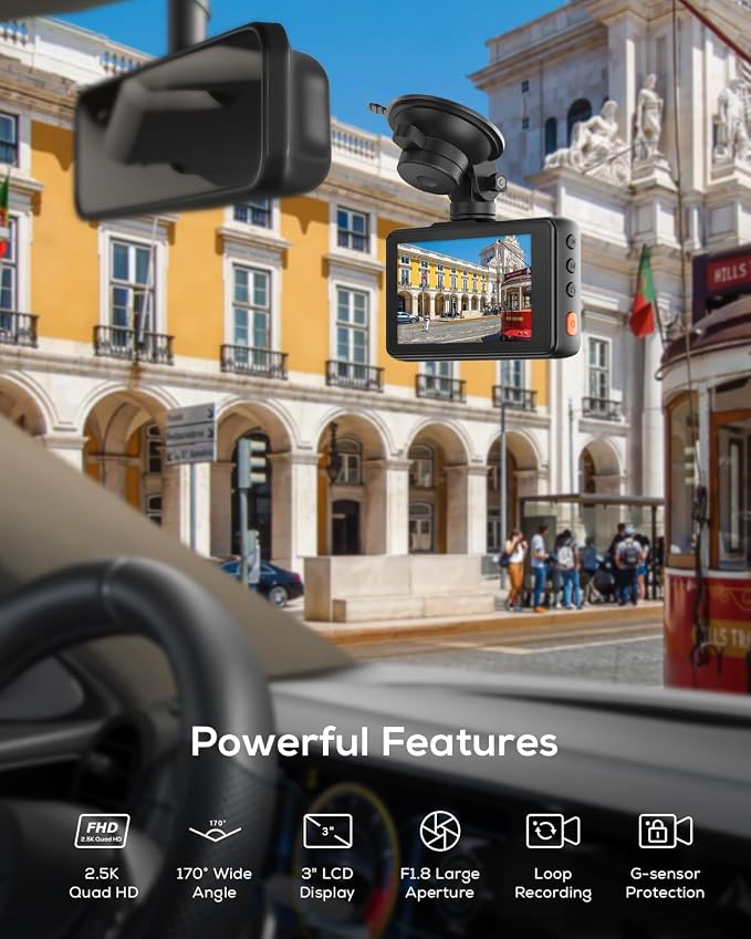 2.5K Dash Cam, 1440P QHD Car Camera with 3" IPS Display, Night Vision, WDR, 170°Wide Angle, Loop Recording, G-Sensor Emergency Recording, 24H Parking Mode, Type C(No SD Card)