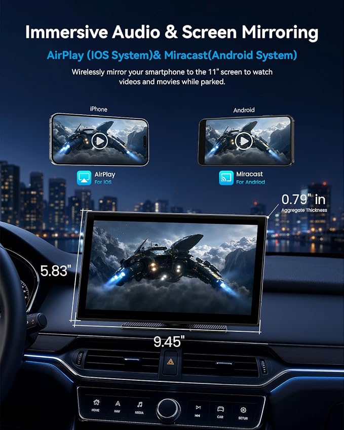 11'' Wireless CarPlay & Android Auto Screen for Car, Full Laminated HD Touchscreen, 4K Dash Cam, 1080P Rear Camera, 5GHz WiFi, Bluetooth 5.0, FM/AUX, Phone Mirroring, Voice Control, 64GB Card Included