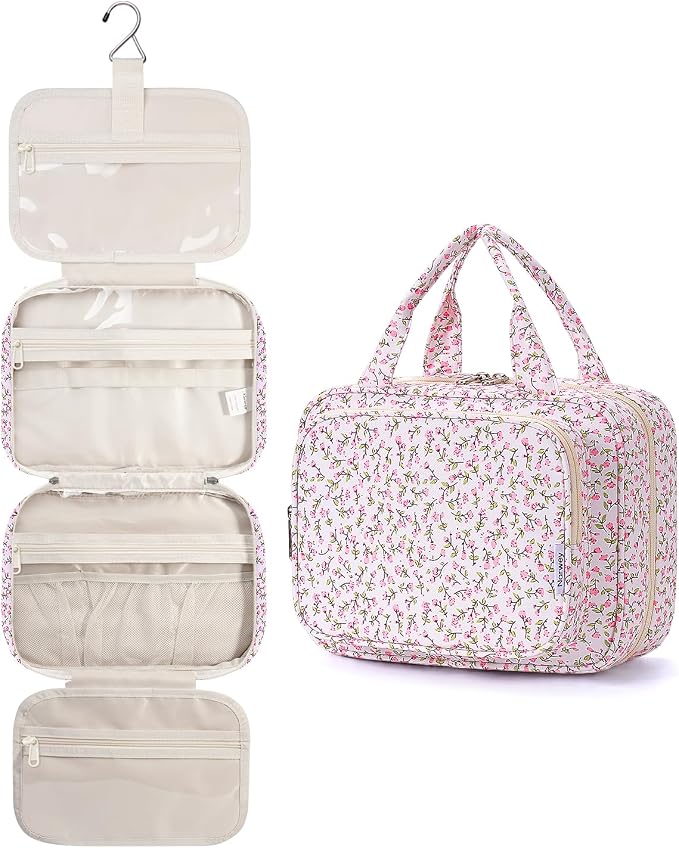 Hanging Toiletry Bag for Women Travel Makeup Bag Organizer Toiletries Bag for Travel Size Essentials Accessories Cosmetics (Pink Flower (Medium))