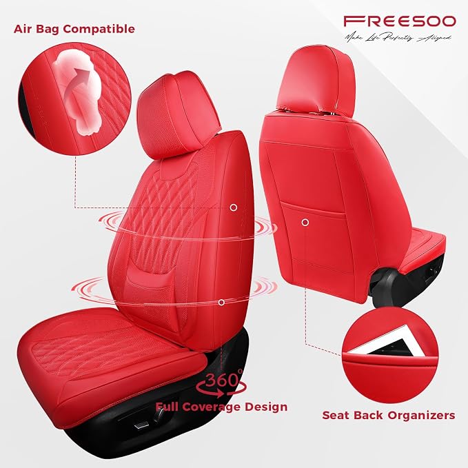 Red Car Seat Covers Full Set - Faux Nappa Leather Seat Covers for Cars, Ultra Breathable Waterproof Front Seats Protector with Lumbar Support, Universal Fit for Automotive Sedan SUVs Pickups
