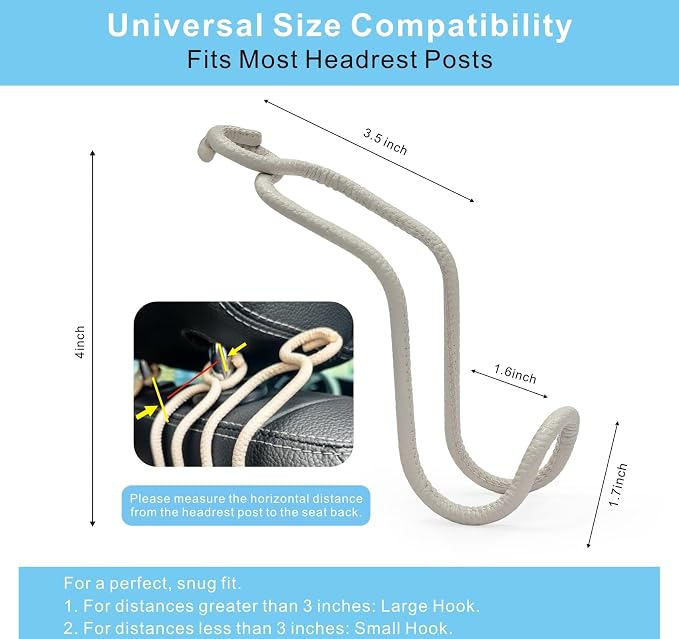 Purse Hooks for Car - 2 Pack Back Seat Storage Holder - Beige Leather/2L | Universal Car Headrest Hanger with Anti-Drop Lock Loop for Hat Bag Grocery Handbag Coat Must Have Stuff for Vehicle Truck SUV