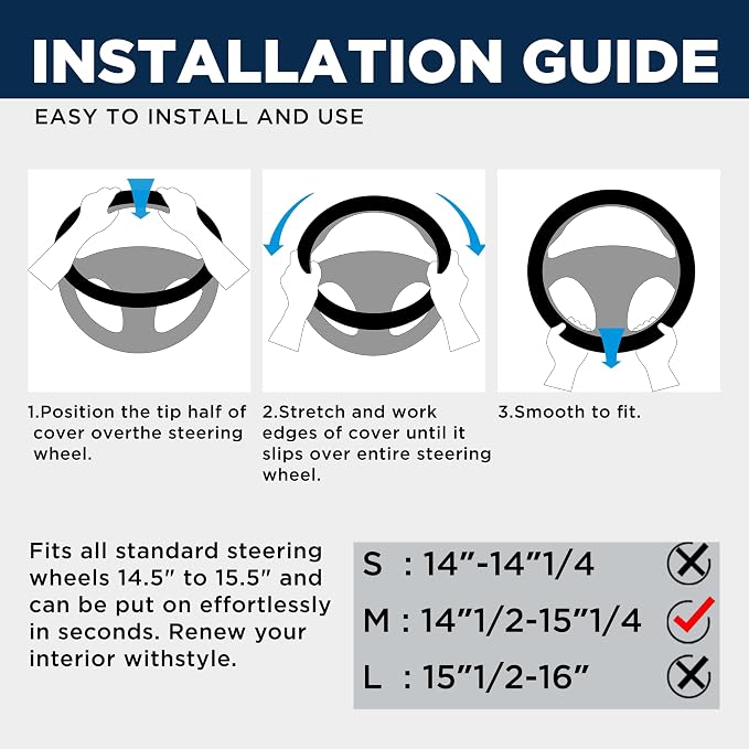 Car Steering Wheel Cover - Microfiber Leather Steering Wheel Wrap Sports 14.5-15 Inch Steering Wheel Cover Non-Slip for Men Women Blue Color