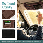 Car Sun Visor Organizer, Multi-Pocket Vehicle Sun Visor Storage Pouch with Sunglasses Clip, Auto Interior Sunshade Eyeglasses Card Holder Organizers, Universal for SUV Sedan Truck (Brown)