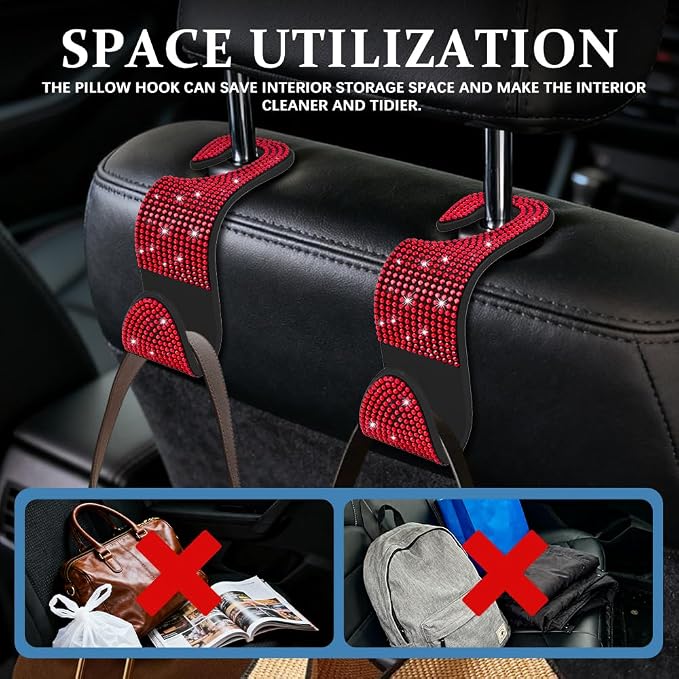 4PCS Bling Car Seat Headrest Hooks, Purse Holder for Car, Vehicle Back Seat Purse Handbag Hanging Holder with Crystal Rhinestone, Diamond Car Rear Seat Organizer for Vehicles (Red)
