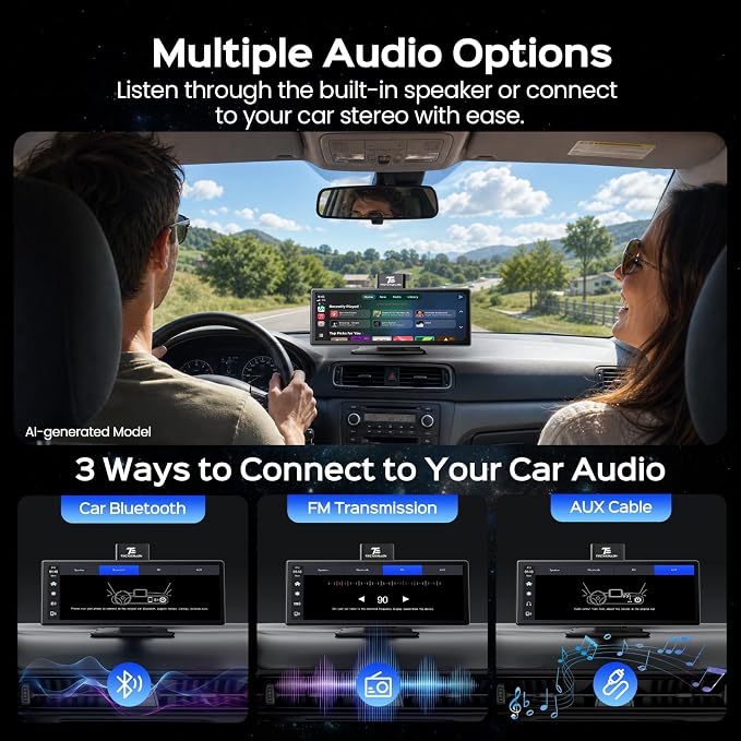 10.26" Portable Apple CarPlay Screen for Car with Rotatable 4K Dash Cam, Wireless CarPlay & Android Auto Display with 1080P Backup Camera, 64GB Card Included, GPS Navigation, Voice Control