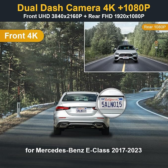4K Dual Dash Cam Adapts for Benz E Class 2017-2023 E300 E350 E400 E450 W213 (HD2-6269), OEM Look, Front 2160P+Rear 1080P Video, Loop Recording, WiFi & APP, G-Sensor, Easy to Set, 128GB Card