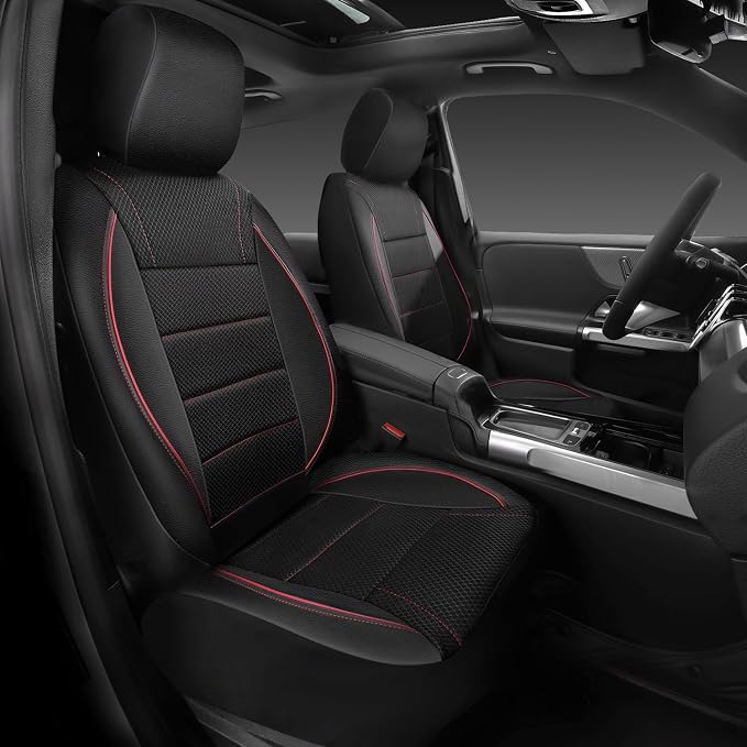Air Mesh Leather Car Seat Covers Front Seats, Breathable Two Front Seat Covers for Cars, Comfortable Universal Fit for SUV Truck Sedan Automotive, Anti-Slip Airbag Compatible,Black and Red